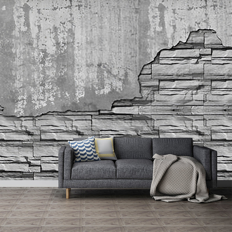 Giant Distressed Brick Wall Art in Dark Grey Non-Woven Fabric Wall Mural for Home Decor, Custom-Printed Clearhalo 'Wall Decor' 'Wall Mural' 961543