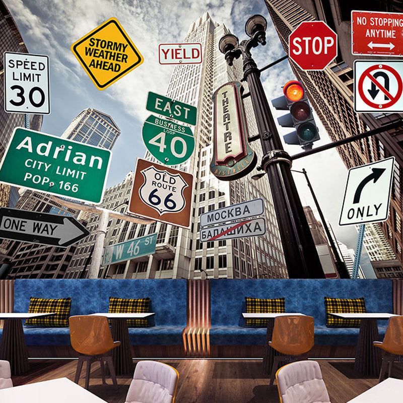 Custom Photo Style Modern Mural for Decoration with Traffic Sign in Multi-Color Brown Clearhalo 'Wall Decor' 'Wall Mural' 961584