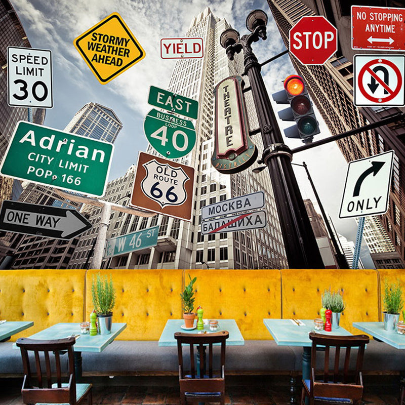 Custom Photo Style Modern Mural for Decoration with Traffic Sign in Multi-Color Clearhalo 'Wall Decor' 'Wall Mural' 961585