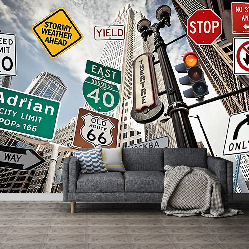 Custom Photo Style Modern Mural for Decoration with Traffic Sign in Multi-Color Clearhalo 'Wall Decor' 'Wall Mural' 961587