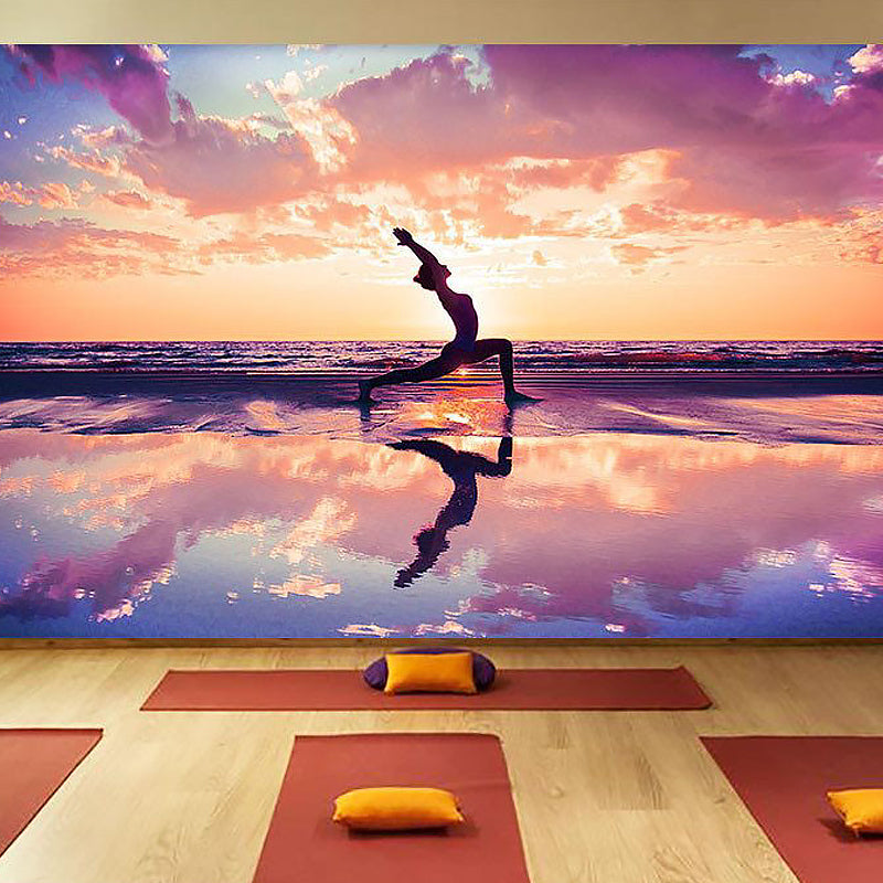 Decorative Yoga and Seashore Mural Non-Woven Fabric Wall Decor for Living Room Clearhalo 'Wall Decor' 'Wall Mural' 961633