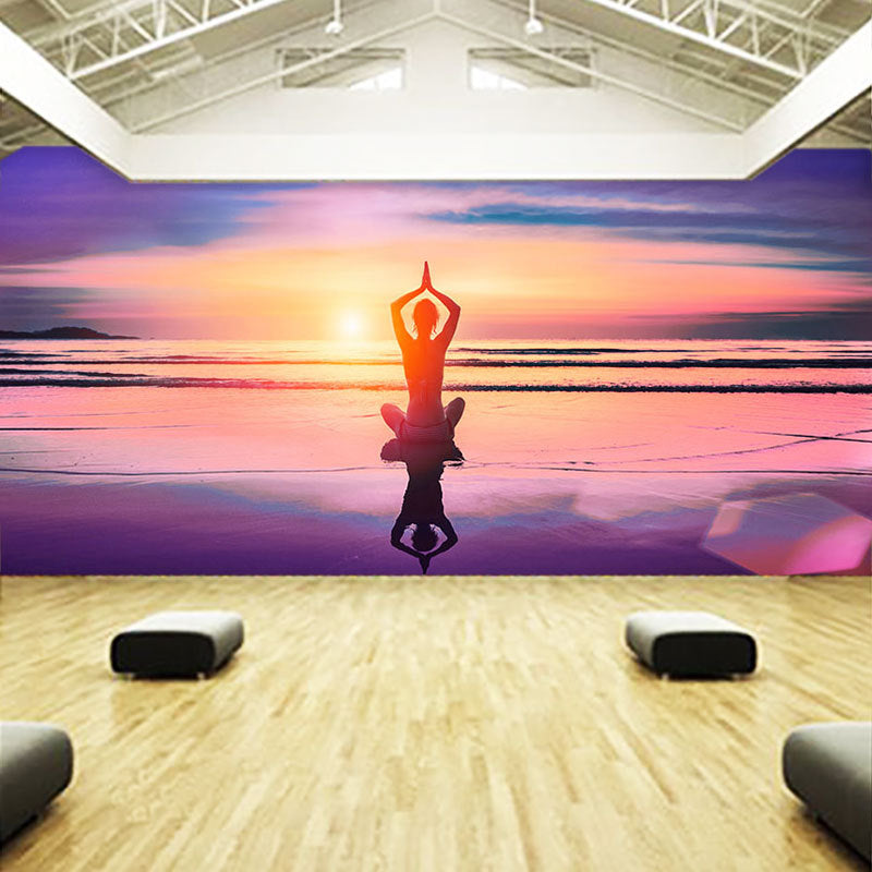 Decorative Yoga and Seashore Mural Non-Woven Fabric Wall Decor for Living Room Clearhalo 'Wall Decor' 'Wall Mural' 961639