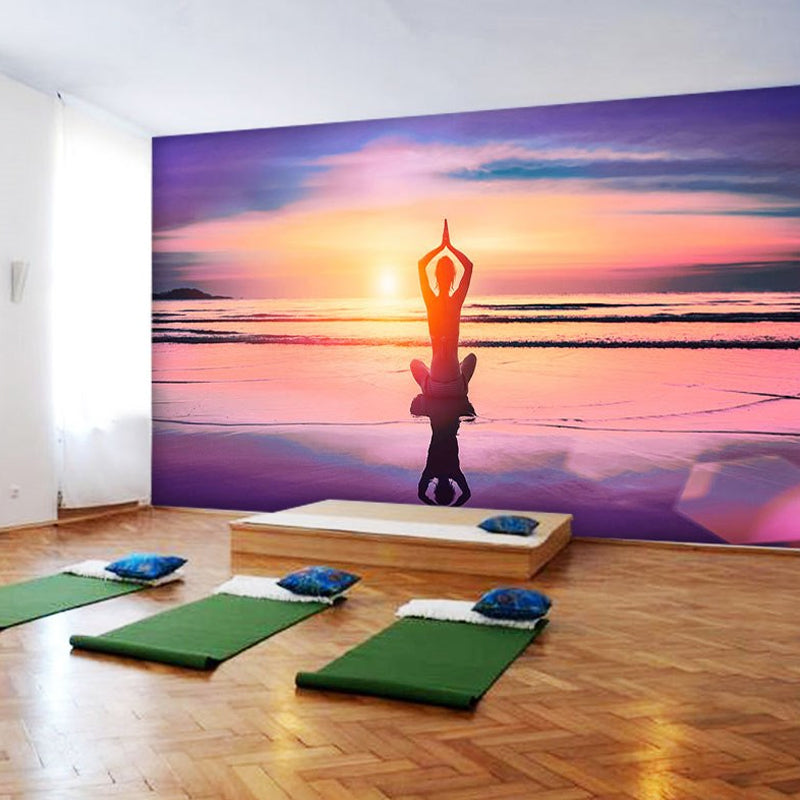 Decorative Yoga and Seashore Mural Non-Woven Fabric Wall Decor for Living Room Clearhalo 'Wall Decor' 'Wall Mural' 961641