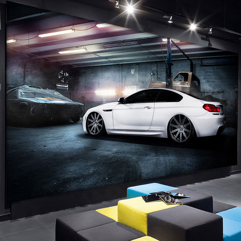 Original Car and Factory Mural White and Blue Wall Car Shop Wall Decor, Custom Size Available Clearhalo 'Wall Decor' 'Wall Mural' 961647