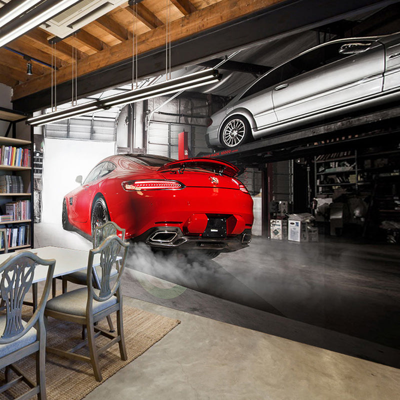 Red Car and Factory Wall Mural Stain-Resistant Wall Art for Car Shop Clearhalo 'Wall Decor' 'Wall Mural' 961665