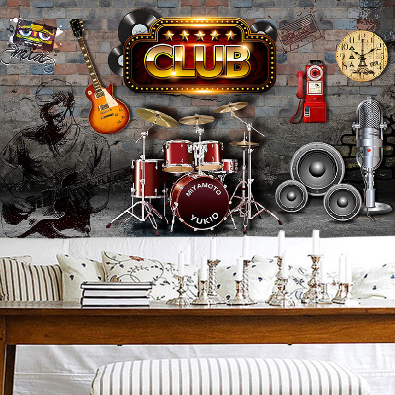 Retro 3D Guitar Mural Wallpaper for Coffee Shop and Bar, Grey and Brown, Made to Measure Pewter Clearhalo 'Wall Decor' 'Wall Mural' 961728