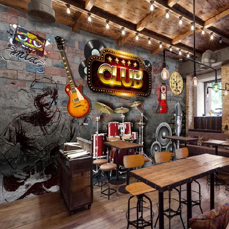 Retro 3D Guitar Mural Wallpaper for Coffee Shop and Bar, Grey and Brown, Made to Measure Clearhalo 'Wall Decor' 'Wall Mural' 961729