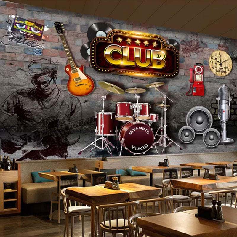 Retro 3D Guitar Mural Wallpaper for Coffee Shop and Bar, Grey and Brown, Made to Measure Clearhalo 'Wall Decor' 'Wall Mural' 961730