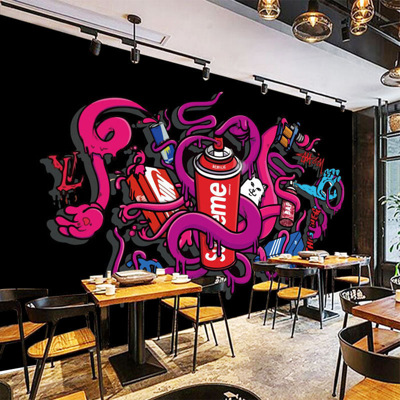 Custom Illustration Industrial Mural Wallpaper for Coffee Shop with Wall Drawing in Pink and Black Clearhalo 'Wall Decor' 'Wall Mural' 961764