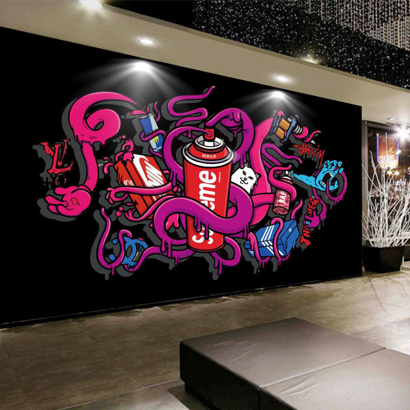 Custom Illustration Industrial Mural Wallpaper for Coffee Shop with Wall Drawing in Pink and Black Clearhalo 'Wall Decor' 'Wall Mural' 961765