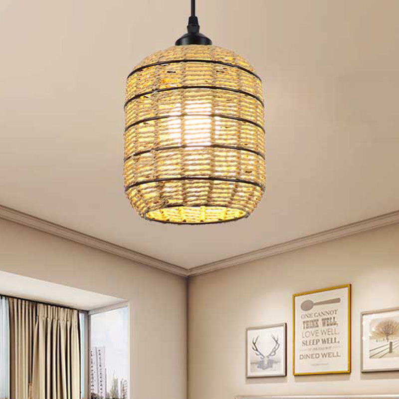 Lantern Suspension Pendant Asian Woven Rattan Single Light Beige Pendant Lamp for Bedroom Clearhalo 'Ceiling Lights' 'Pendant Lights' 'Pendants' Lighting' 962021