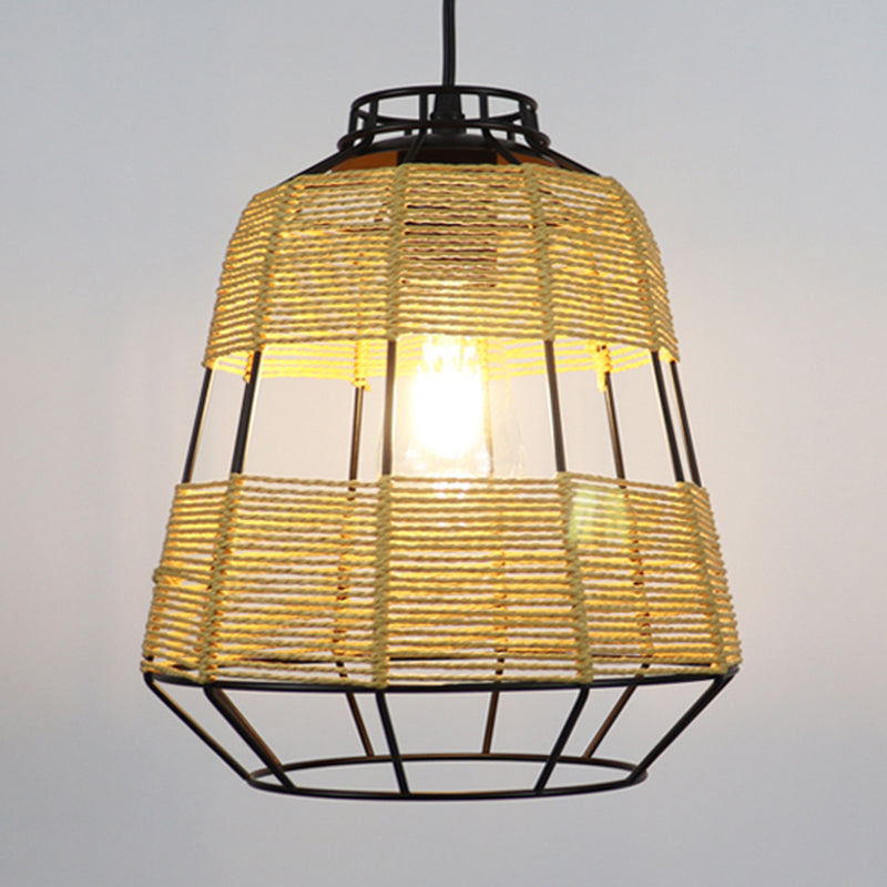 Barrel Metal Cage Hanging Lamp Chinese Straw Rope 1-Light Beige Drop Ceiling Light for Living Room Restaurant Clearhalo 'Ceiling Lights' 'Pendant Lights' 'Pendants' Lighting' 962022