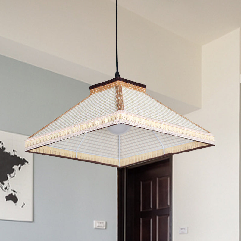 Chinese Pyramid Hanging Ceiling Light Bamboo/Rattan 1 Light Restaurant Pendant Lamp in White/Ivory/Brown Clearhalo 'Ceiling Lights' 'Pendant Lights' 'Pendants' Lighting' 962027