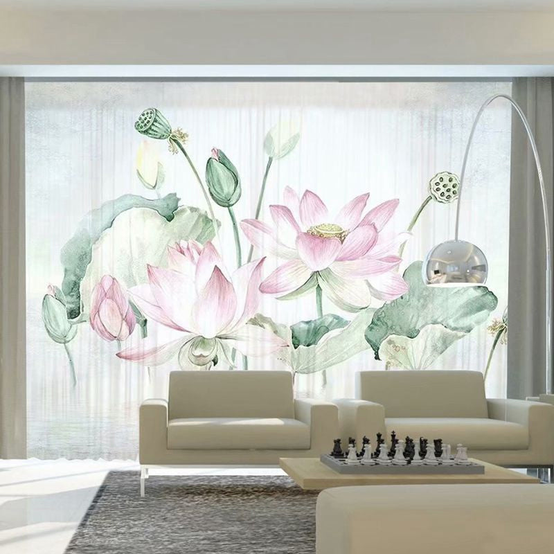 Giant Illustration Traditional Wall Mural for Guest Room with Lotus Pattern in Pink and Green Pink-Green Clearhalo 'Wall Decor' 'Wall Mural' 962080