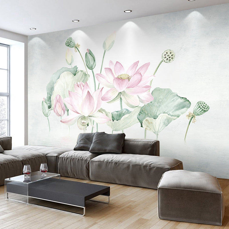 Giant Illustration Traditional Wall Mural for Guest Room with Lotus Pattern in Pink and Green Clearhalo 'Wall Decor' 'Wall Mural' 962081