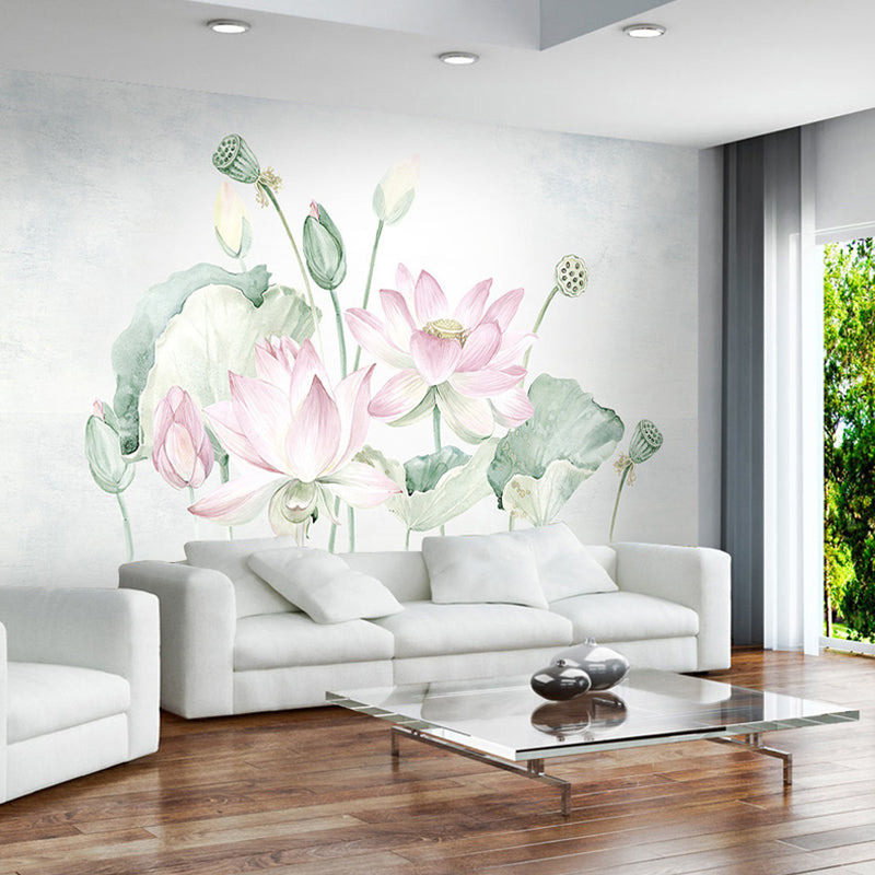 Giant Illustration Traditional Wall Mural for Guest Room with Lotus Pattern in Pink and Green Clearhalo 'Wall Decor' 'Wall Mural' 962082