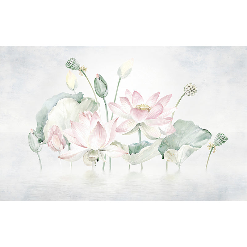 Giant Illustration Traditional Wall Mural for Guest Room with Lotus Pattern in Pink and Green Clearhalo 'Wall Decor' 'Wall Mural' 962083