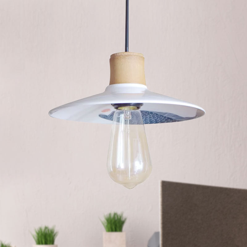 Ceramic and Wood White Pendant Lamp Saucer 1 Light Contemporary Style Hanging Light with Fish Pattern, 8.5