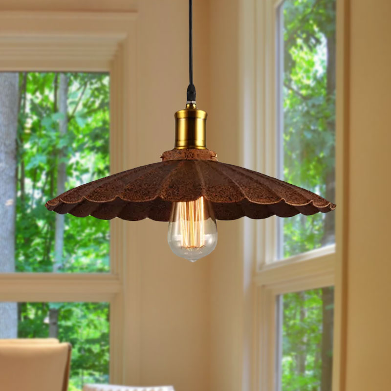 Rust Finish Scalloped Pendant Light Lodge Style Iron 1 Light Kitchen Hanging Lamp, 10