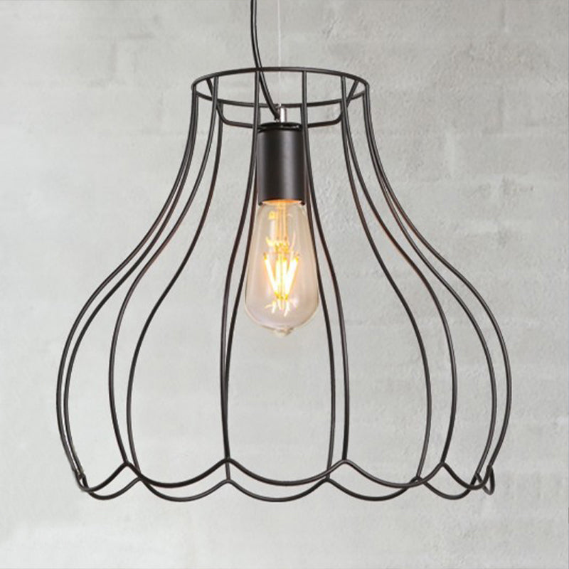 1 Light Conical Cage Suspension Light with Ruffled Edge Industrial Black Metallic Pendant Lighting, 10.5