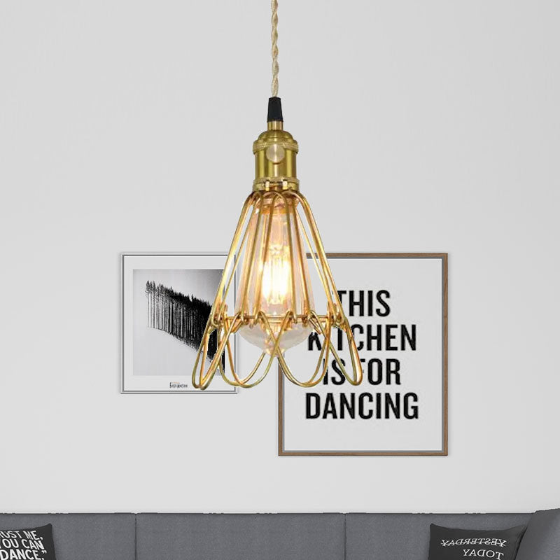 Brass Wire Frame Hanging Light with Ruffled Edge Vintage Metallic 1 Light Living Room Pendant Lamp Clearhalo 'Art Deco Pendants' 'Cast Iron' 'Ceiling Lights' 'Ceramic' 'Crystal' 'Industrial Pendants' 'Industrial' 'Metal' 'Middle Century Pendants' 'Pendant Lights' 'Pendants' 'Tiffany' Lighting' 962250