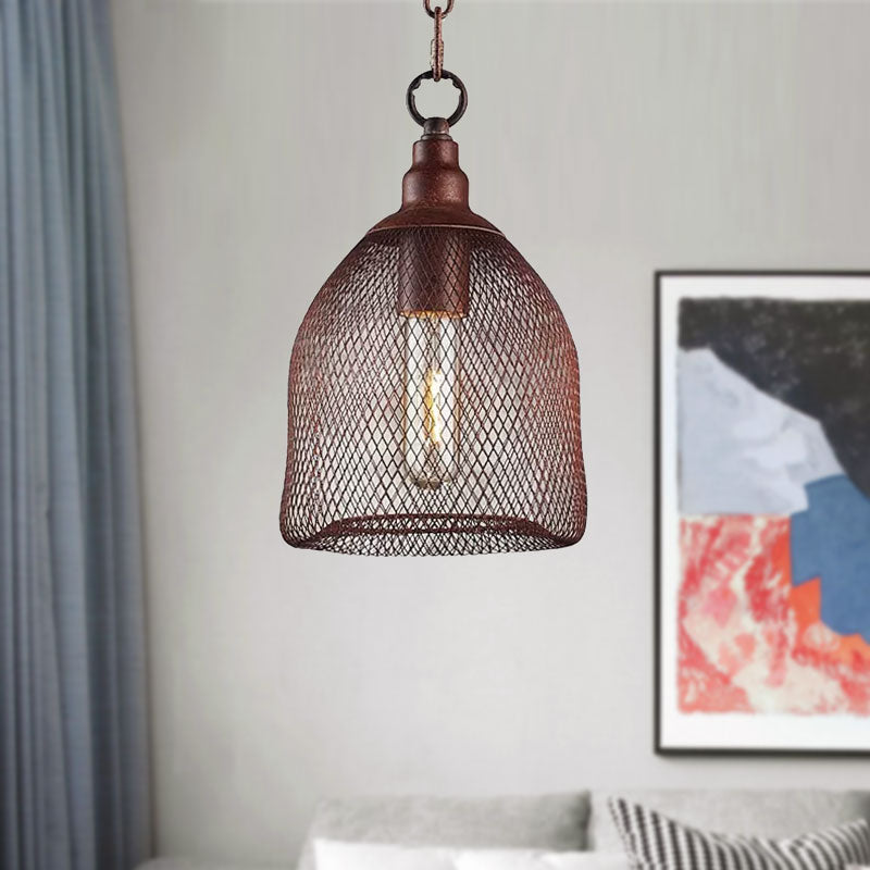 Bird Caged Metal Pendant Lighting Fixture Industrial One Bulb Dining Room Hanging Lamp in Rust, 6.5