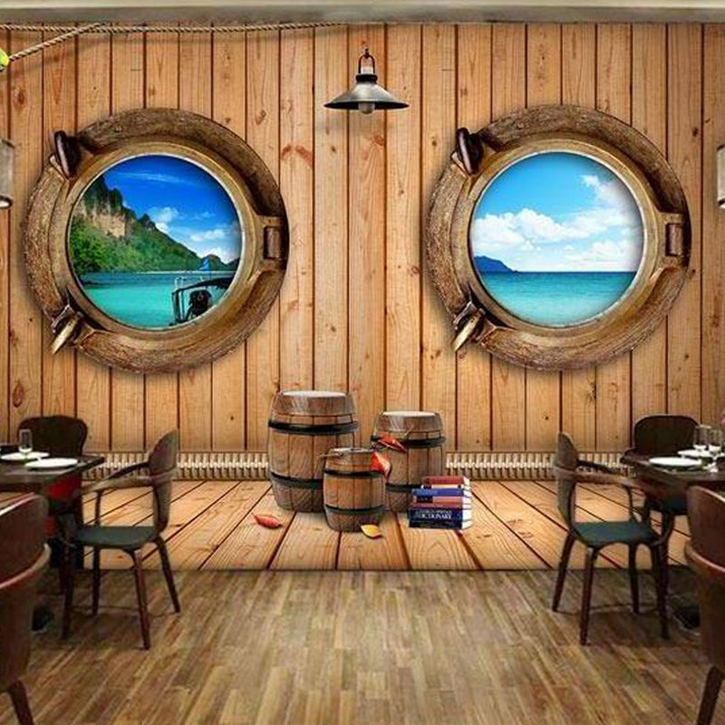 Decorative Seashore and Wood Mural Custom-Made Wall Decor for Coffee Shop Brown Clearhalo 'Wall Decor' 'Wall Mural' 962315