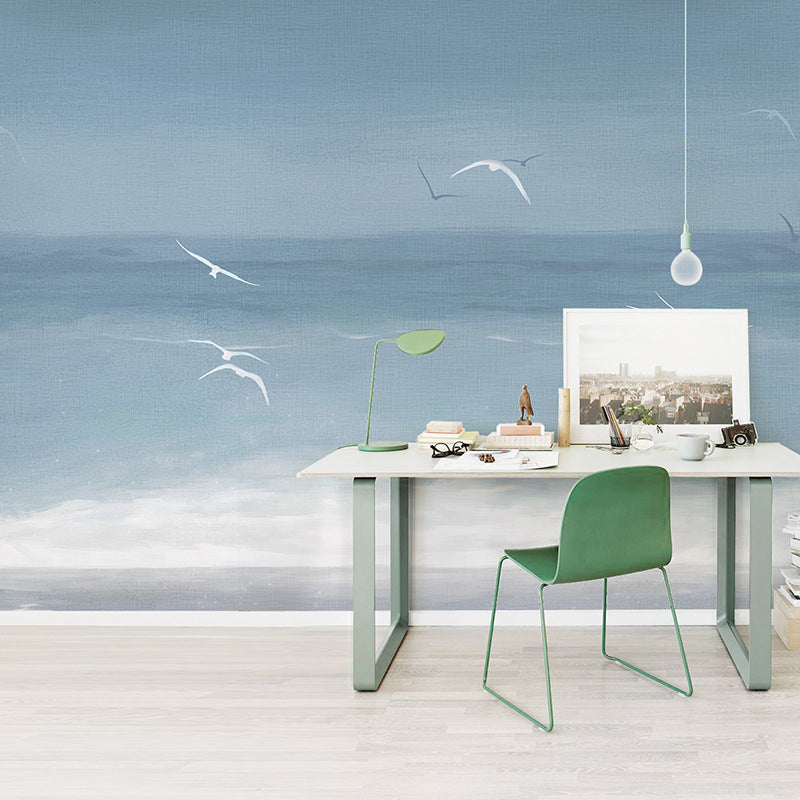 Whole Minimalist Mural Wallpaper Grey and White Seagull Wall Covering, Personalized Size Available Blue Clearhalo 'Wall Decor' 'Wall Mural' 962330