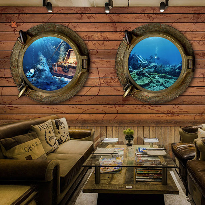 Decorative Undersea and Wood Mural Custom-Made Wall Decor for Coffee Shop Blue-Brown Clearhalo 'Wall Decor' 'Wall Mural' 962335