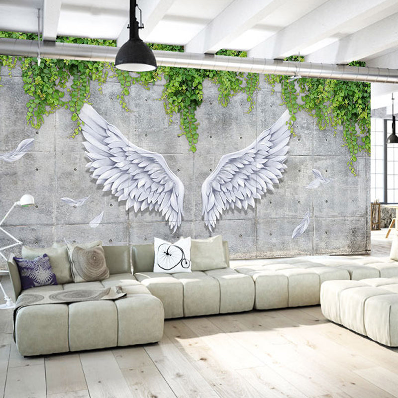 Simple Wing and Plant Mural in Grey and Green Living Room Wall Covering, Custom-Printed Clearhalo 'Wall Decor' 'Wall Mural' 962395