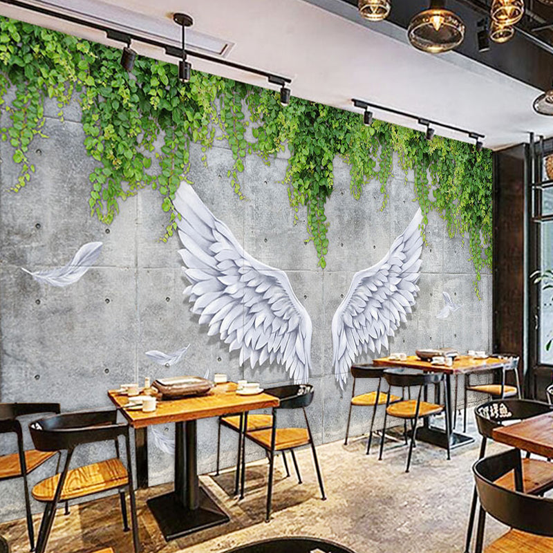 Simple Wing and Plant Mural in Grey and Green Living Room Wall Covering, Custom-Printed Clearhalo 'Wall Decor' 'Wall Mural' 962396