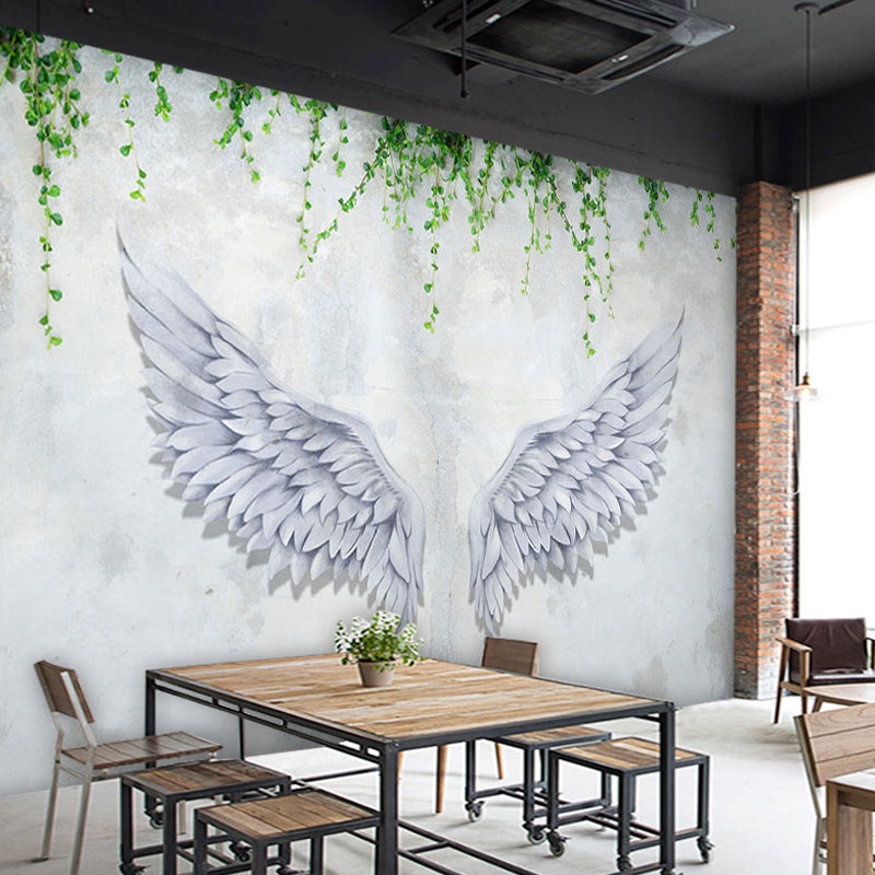 Simple Wing and Plant Mural in Grey and Green Living Room Wall Covering, Custom-Printed Clearhalo 'Wall Decor' 'Wall Mural' 962401