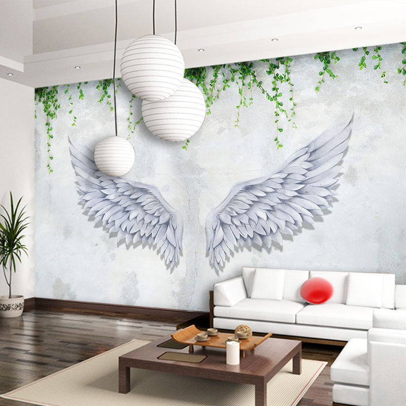 Simple Wing and Plant Mural in Grey and Green Living Room Wall Covering, Custom-Printed Clearhalo 'Wall Decor' 'Wall Mural' 962402