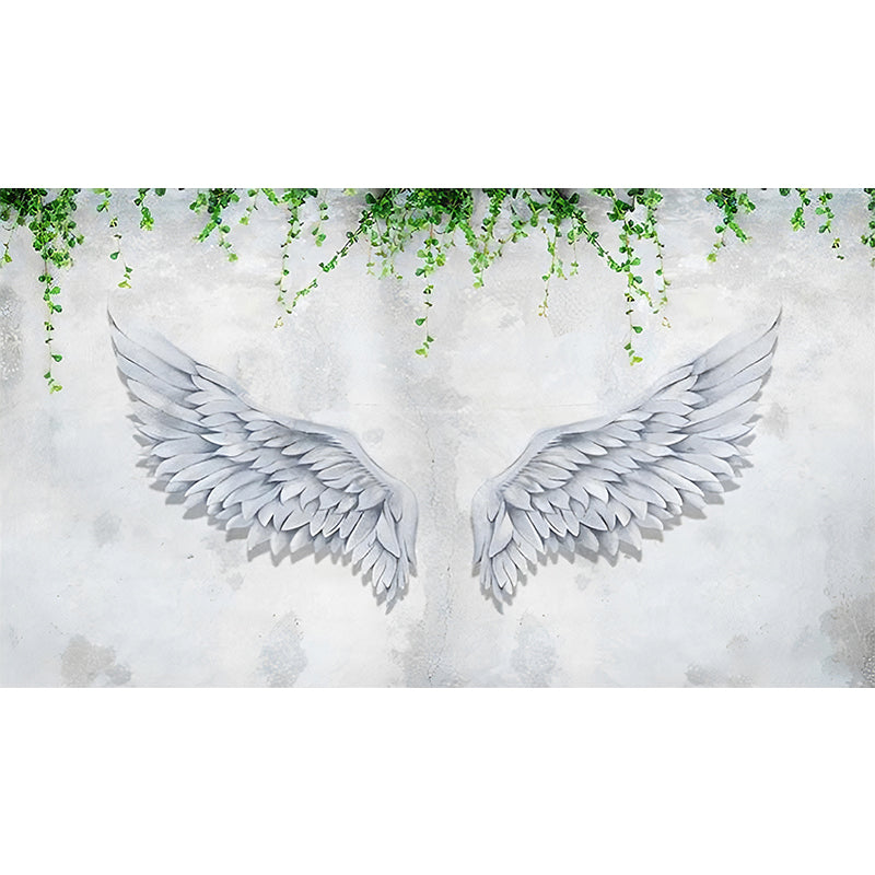 Simple Wing and Plant Mural in Grey and Green Living Room Wall Covering, Custom-Printed Clearhalo 'Wall Decor' 'Wall Mural' 962403