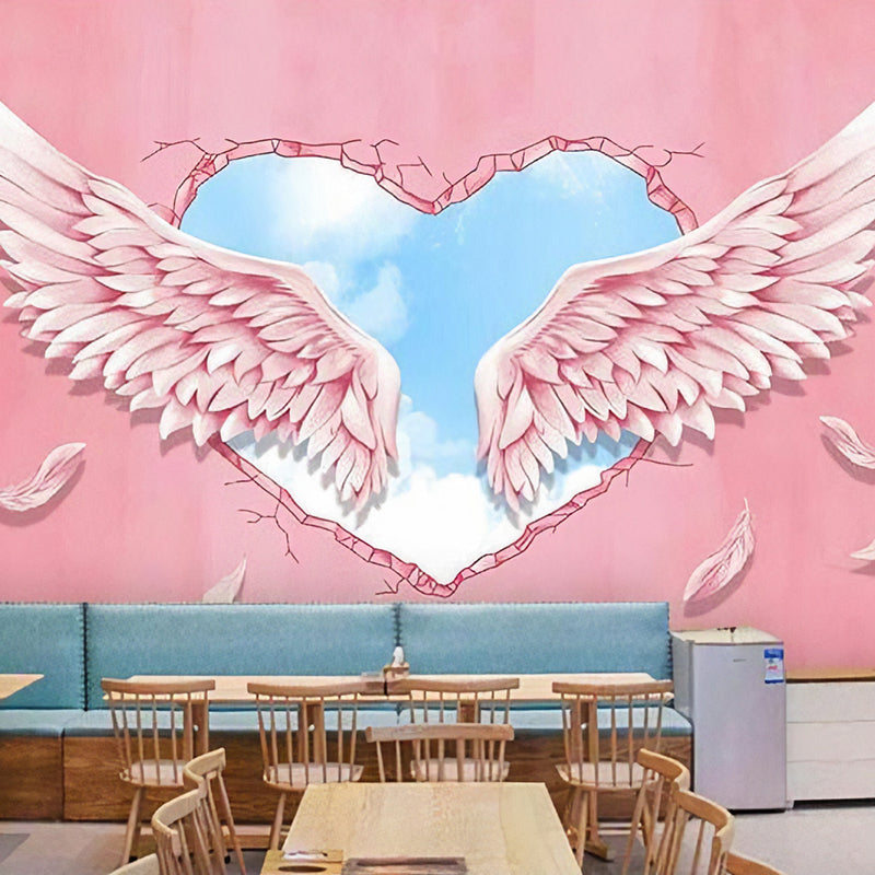 Pink Wing and Heart Mural Wallpaper Moisture-Resistant Wall Covering for Living Room Pink-Blue Clearhalo 'Wall Decor' 'Wall Mural' 962405