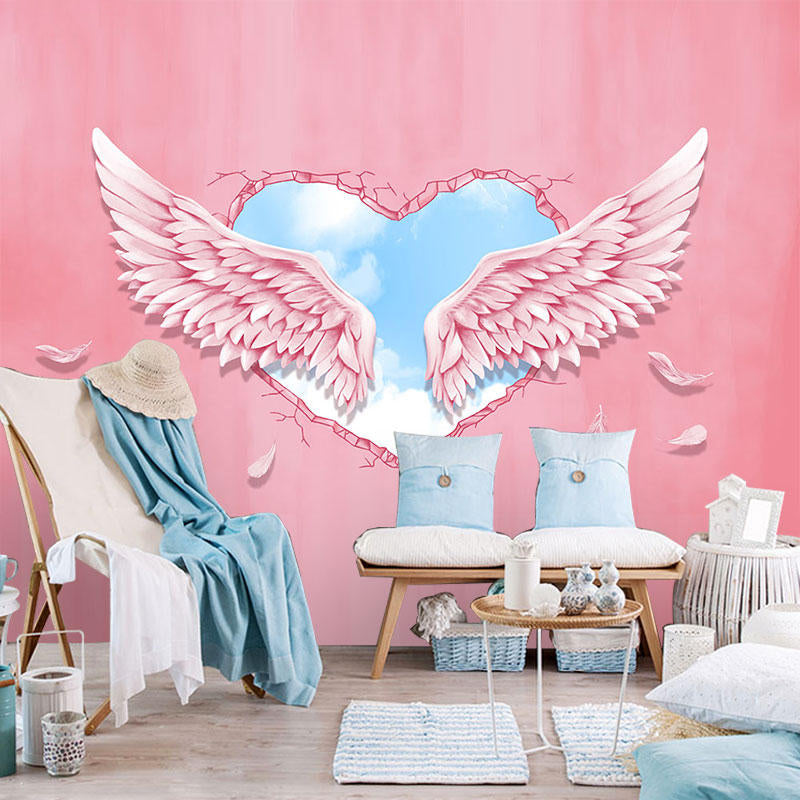 Pink Wing and Heart Mural Wallpaper Moisture-Resistant Wall Covering for Living Room Clearhalo 'Wall Decor' 'Wall Mural' 962407