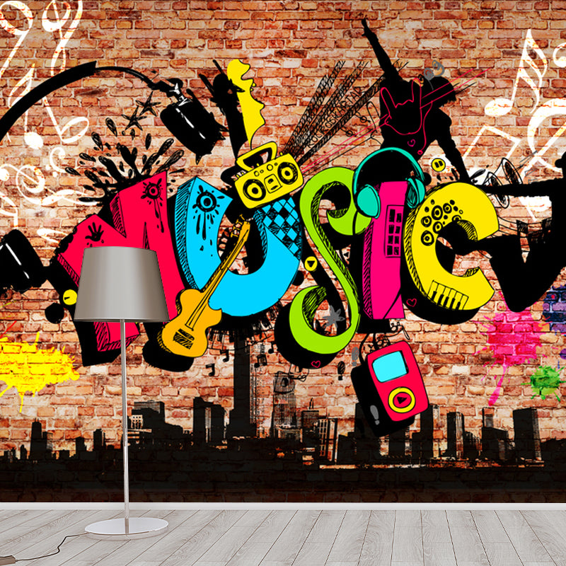 Novelty Brick and Graffiti Mural Wallpaper for Accent Wall, Customized Wall Art in Multi-Color Brown Clearhalo 'Wall Decor' 'Wall Mural' 962477