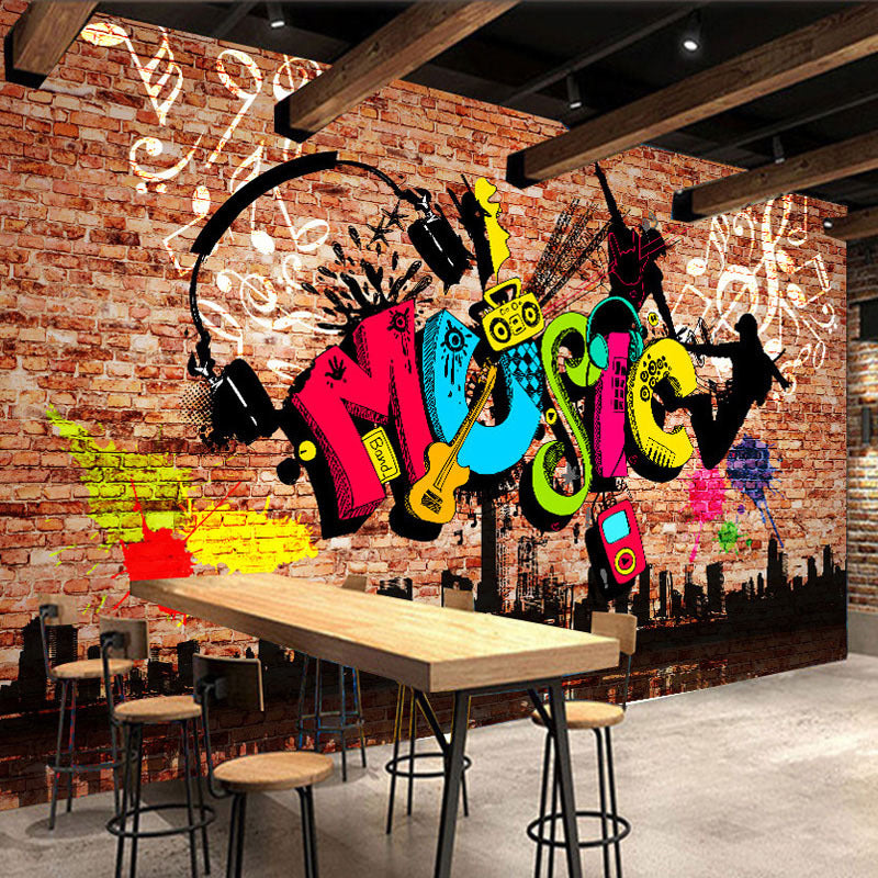 Novelty Brick and Graffiti Mural Wallpaper for Accent Wall, Customized Wall Art in Multi-Color Clearhalo 'Wall Decor' 'Wall Mural' 962478