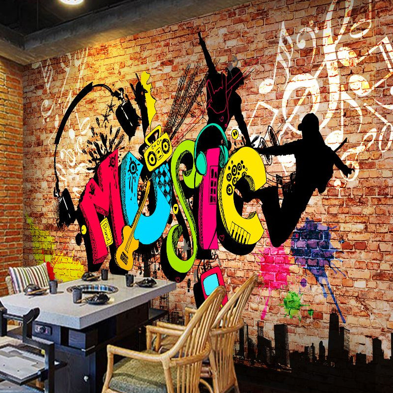 Novelty Brick and Graffiti Mural Wallpaper for Accent Wall, Customized Wall Art in Multi-Color Clearhalo 'Wall Decor' 'Wall Mural' 962479