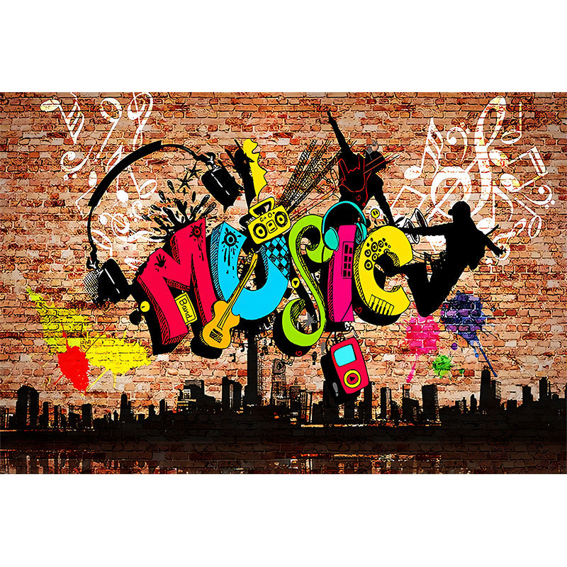 Novelty Brick and Graffiti Mural Wallpaper for Accent Wall, Customized Wall Art in Multi-Color Clearhalo 'Wall Decor' 'Wall Mural' 962480