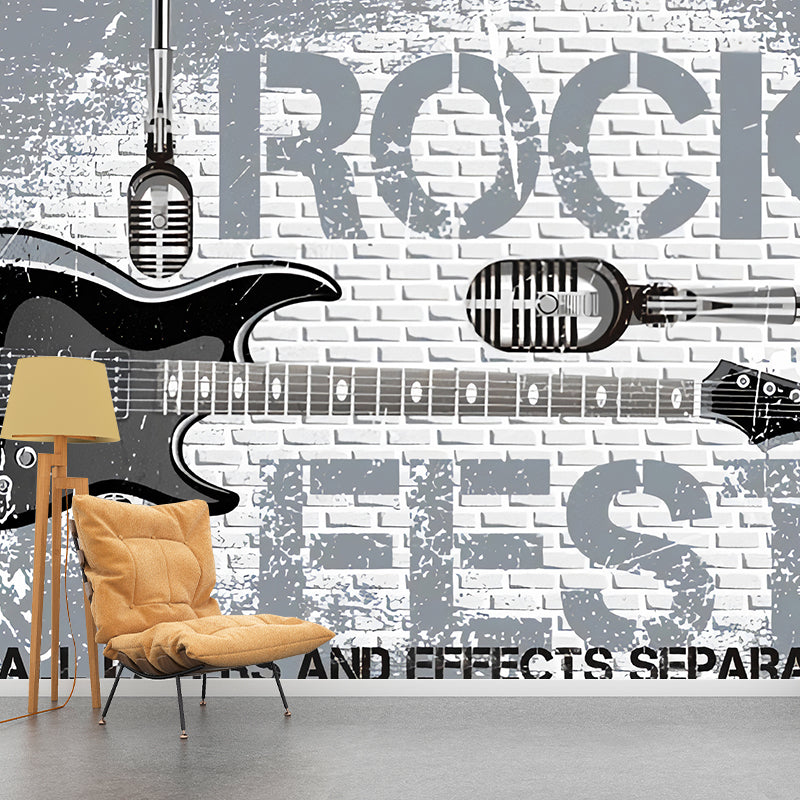 Guitar Wall Mural in Grey, Fashion Wall Covering for Accent Wall Grey Clearhalo 'Wall Decor' 'Wall Mural' 962482