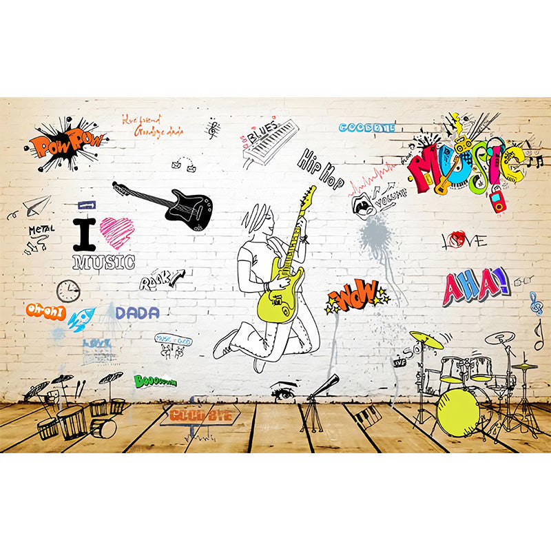 Big Graffiti and Brick Mural for Bedroom Guitar Wall Decor in Yellow for Gym Clearhalo 'Wall Decor' 'Wall Mural' 962490