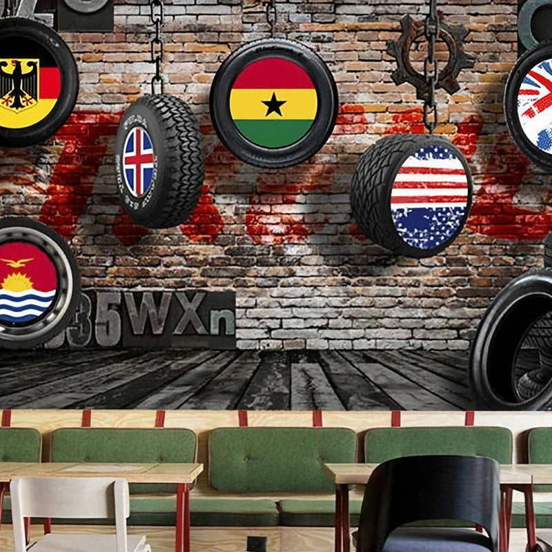 Brown and Black Vintage Mural Personalized Size Wheel Tyre and Brick Wall Art for Coffee Shop Brown Clearhalo 'Wall Decor' 'Wall Mural' 962527