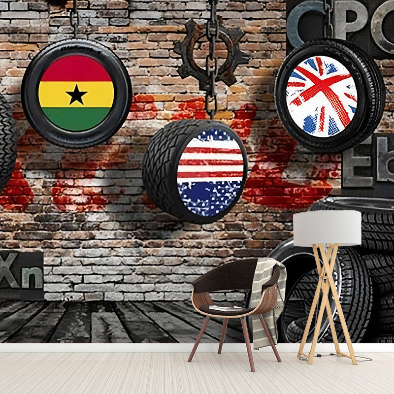 Brown and Black Vintage Mural Personalized Size Wheel Tyre and Brick Wall Art for Coffee Shop Clearhalo 'Wall Decor' 'Wall Mural' 962529