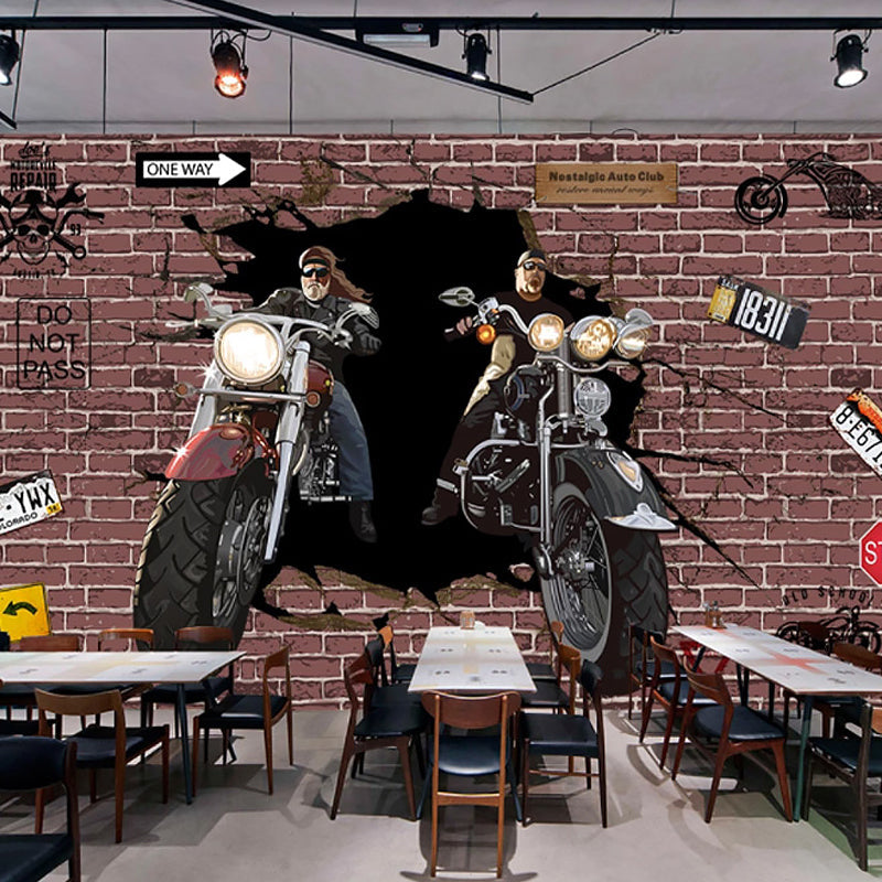 Full Unique Wall Mural Brown Brick and Motorcycle Wall Covering, Made to Measure Red Clearhalo 'Wall Decor' 'Wall Mural' 962532