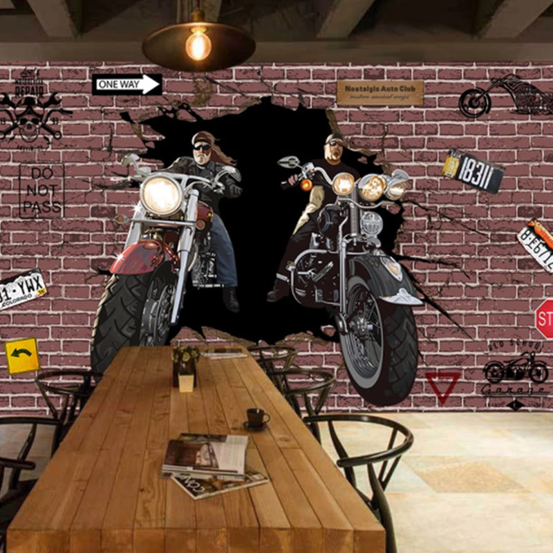 Full Unique Wall Mural Brown Brick and Motorcycle Wall Covering, Made to Measure Clearhalo 'Wall Decor' 'Wall Mural' 962534