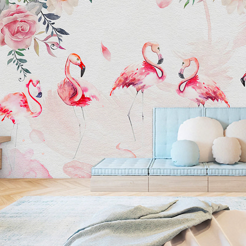 Pink Flamingo Wall Art Water-Resistant Mural Wallpaper for Girl's Bedroom Pink Clearhalo 'Wall Decor' 'Wall Mural' 962577