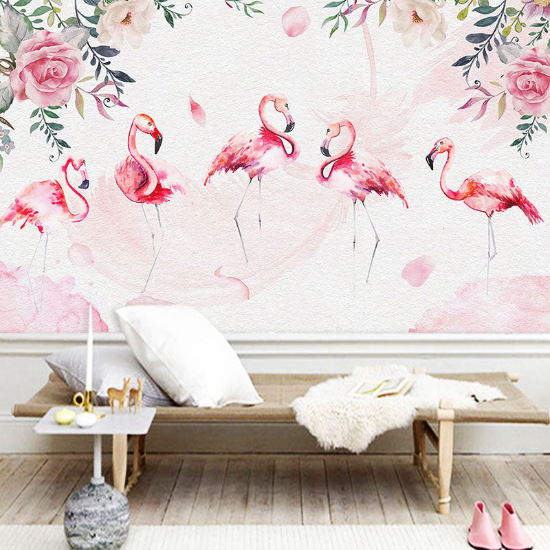 Pink Flamingo Wall Art Water-Resistant Mural Wallpaper for Girl's Bedroom Clearhalo 'Wall Decor' 'Wall Mural' 962578