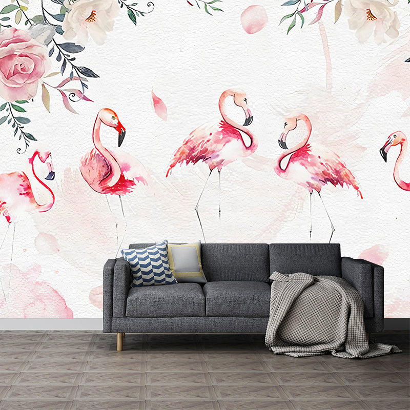 Pink Flamingo Wall Art Water-Resistant Mural Wallpaper for Girl's Bedroom Clearhalo 'Wall Decor' 'Wall Mural' 962579