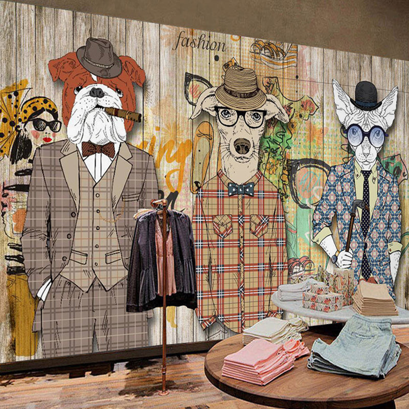 Big Cartoon Animal Wall Art for Accent Wall Faux Wood Mural in Brown, Stain-Resistant Brown Clearhalo 'Wall Decor' 'Wall Mural' 962587